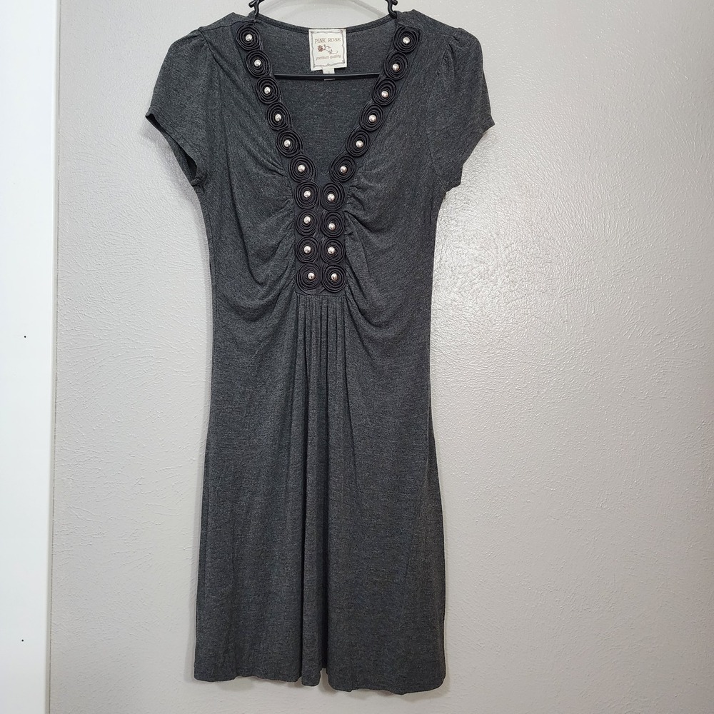 Pink Rose Women's Gray Short Sleeve Dress - Size Small - Boho Beaded V-Neck